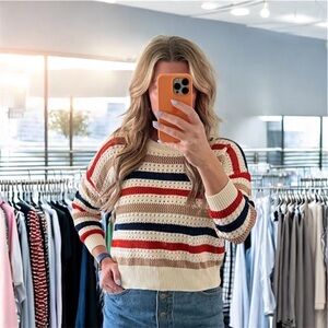 Striped Crochet Knit Sweater Coastal Grandma Preppy Size